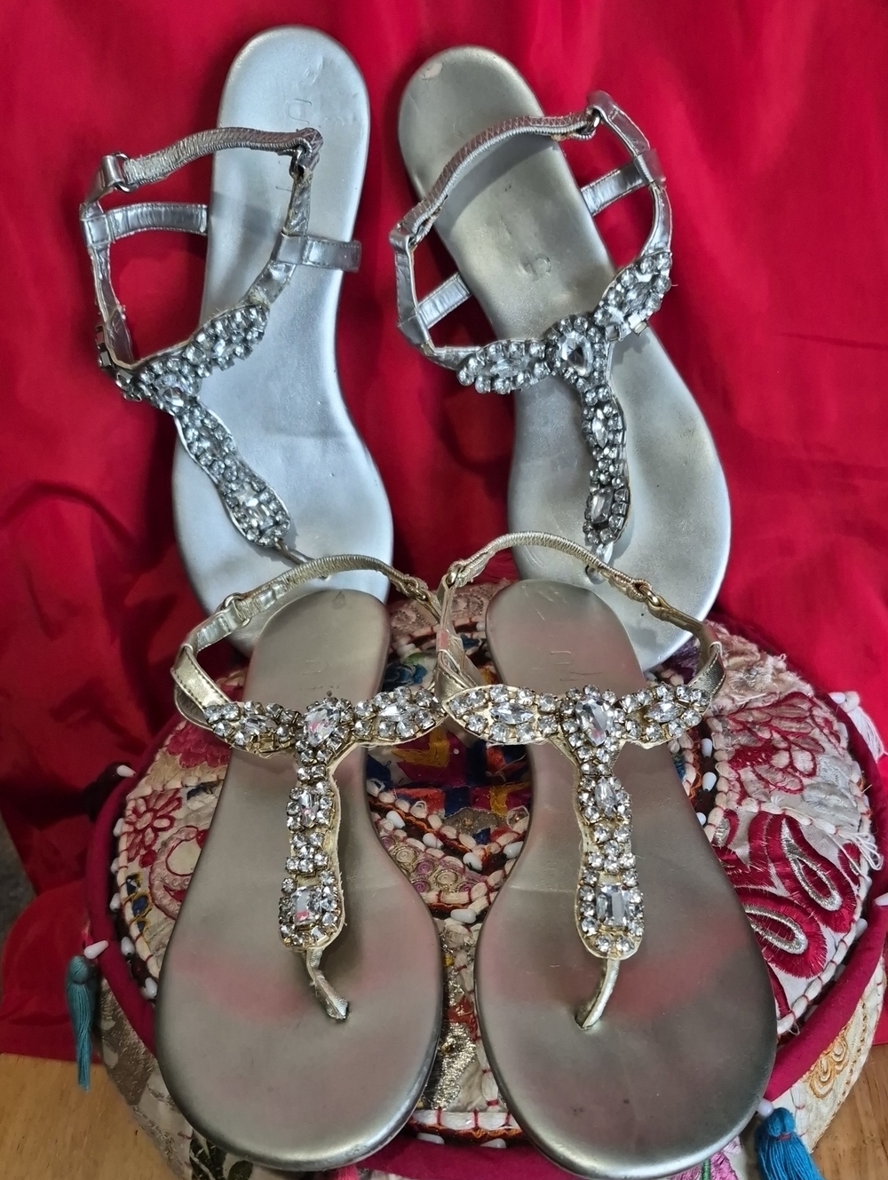 Unisa VINTAGE-Silver & GOLD  Jeweled T-Strap Sandals- 2 PAIRS